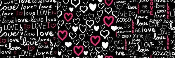 Text love, script cute doodle hand drawn seamless pattern on black background. Vector illustration