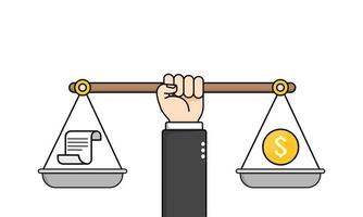 The asymmetry of the scales. The injustice between the law and the power of money. Vector illustration.