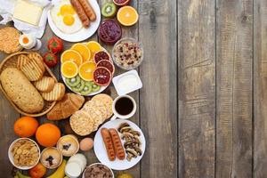 Healthy food on old wooden background. Breakfast. Top view. Flat lay. photo