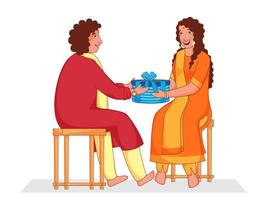 Cartoon Young Boy Given Gift Box To His Sister Sitting On Stools. vector