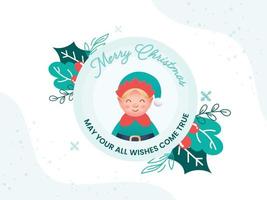 Merry Christmas Greeting Card Design With Cartoon Elf Character And Leaves Decorated Background. vector