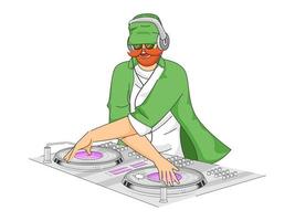 Leprechaun Man Playing DJ Turntable on White Background. vector