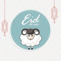 Eid-Al-Adha Font with Cartoon Sheep and Hanging Lanterns on White Paper Cut Arabic Patter Background. vector