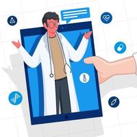 Human Having Video Calling To Doctor From Tablet With Medical Elements On White Grid Pattern Background. vector