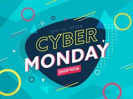 Special Offer Cyber Monday Poster Design with Geometric Elements on Turquoise Background. vector