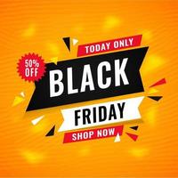 Black Friday Sale Poster Design with 50 Discount Offer on Yellow Oblique Diagonal Lines or Scratch Pattern Background. vector