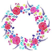 Colorful Flowers with Leaves Decorated Circular Shape on White Background. vector