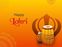 Happy Lohri Celebration Concept With Dhol Instruments And Khanda On Orange Background. vector