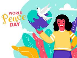 Cheerful Girl Holding Heart Shape Earth Globe with Pigeon and Leaves on White and Light Turquoise Background for World Peace Day. vector