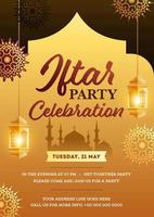 Iftar Party Celebration Flyer Design with Silhouette Mosque, Hanging Illuminated Lanterns and Event Details. vector