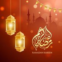 Golden Arabic Calligraphy of Ramadan Kareem with Hanging Illuminated Lanterns and Silhouette Mosque on Brown Bokeh Background. vector