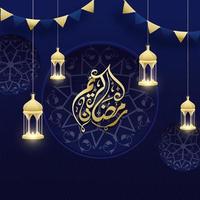 Golden Ramadan Kareem Calligraphy in Arabic Language with Hanging Illuminated Lanterns and Mandala Pattern on Blue Background. vector