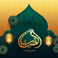 Sticker Style Ramadan Kareem Text in Arabic Calligraphy with Hanging Illuminated Lanterns and Mandala Pattern on Mosque Green and Golden Islamic Pattern Background. vector