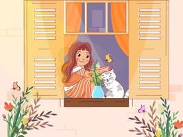 Little Girl holding Cat Sit on Open Window with Butterflies and Plant Vase. vector