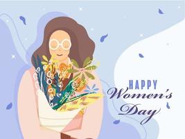 Character of Woman holding Flower Bouquet on Blue Background for Happy Women's Day. vector