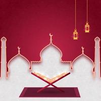 Arabic Pattern Paper Cut Mosque Shape Background Decorated with Hanging Golden Lanterns, Lights Effect and Open Quran Stand on Mat. vector