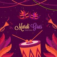 Mardi Gras Festival Celebration Background Decorated With Feathers, Carnival Masks, Trumpets And Drum Instrument. vector