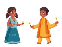 Illustration of Young Girl Holding a Oil Lamp with Boy Enjoy Firecracker on White Background. vector