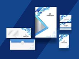 Business card, cover and template design with abstract geometric elements on blue background. vector