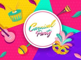 Carnival Party Font in Circular Frame with Party Mask and Music Instruments Decorated on Colorful Abstract Background. vector