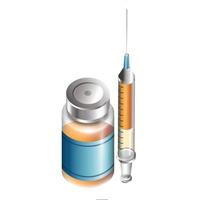 lustroso 3d vacuna botella con un jeringuilla en blanco antecedentes. vector