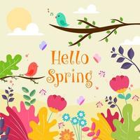 Beautiful Floral Nature Background with Birds Singing and Butterflies in Morning View for Hello Spring. vector