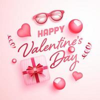 parte superior ver de contento San Valentín día fuente decorado con 3d regalo caja, corazones, gafas de protección y esfera en rosado y blanco antecedentes. vector