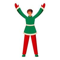 Illustration Of Young Boy Wear Green and Red Woolen Clothes with Hands Up in Standing Pose. vector