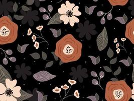 Seamless Floral Pattern on Black Background. vector