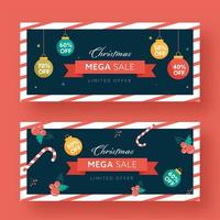 Christmas Mega Sale Header Or Banner Set With Different Discount Offers, Baubles, Candy Cane And Holly Berries Decorated Background. vector