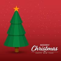 Merry Christmas and Happy New Year Poster Design with Paper Cut Xmas Tree and Golden Confetti on Red Background. vector