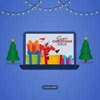 Navidad súper rebaja en ordenador portátil con Papa Noel noel, regalo cajas, Navidad arboles y Encendiendo guirnalda en azul antecedentes. publicidad póster diseño. vector