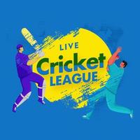 Cartoon Batsman and Bowler in Playing Pose with Brush Stroke Effect on Blue Halftone Background for Live Cricket League. vector