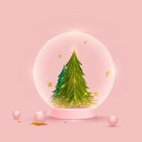 Xmas Tree Inside Globe With 3D Baubles On Pink Background. vector