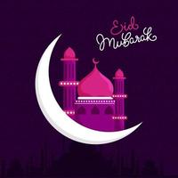 Eid Mubarak Celebration Concept with Crescent Moon and Mosque on Purple Islamic Pattern Background. vector