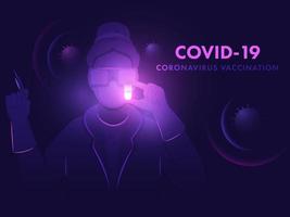 coronavirus vacunación concepto con científico mujer descubriendo vacuna para covid-19 enfermedad en púrpura antecedentes. vector