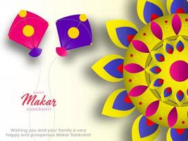 contento makar sankranti celebracion concepto con vistoso cometas y floral rangoli en blanco antecedentes. vector