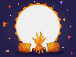 Illustration Of Bonfire With Dhol Instruments And Empty Circular Frame On Violet Background. vector