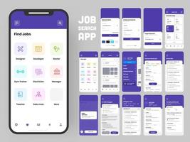 Job Search App UI Kit for Responsive Web Template with Different Application Layout Including Create Account, Job Vacancy, Preference and User Recruitment. vector