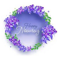 Calligraphy of Happy Nowruz Text Decorated with Glossy Hyacinth Flowers and Green Leaves on White Background. vector