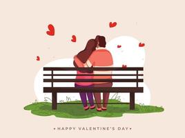 Back View of Young Couple Hugging Sit on Bench for Happy Valentine's Day Celebration. vector