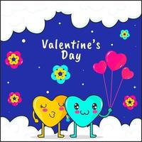 Cartoon Hearts Couple with Balloons and Flowers Decorated on Cloudy and Blue Background for Happy Valentine's Day Celebration. vector