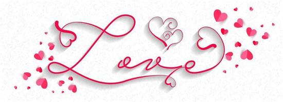 Red Love Font with Paper Hearts Decorated on White Concrete Texture Background. vector