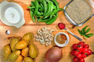 Raw ingredients. Ready to be cooked. Recipe for chiken stew, European cuisine, cooked with a garnish of mushrooms, small onions and ohter. photo