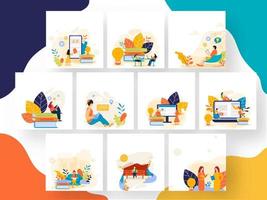 Young Boy and Girl Reading or Learning From Online Education with Books in Different Style. vector