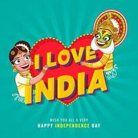 I Love India Text with Indian Woman and Kathakali Dancer Holding a Red Heart Together on Turquoise Rays Background For Independence Day. vector