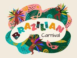 Brazilian Carnival Text with Samba Women Dancer and Party Mask on Colorful Abstract Pattern Background. vector