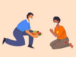 Man giving fruits to person in need with safety mask and Protect Yourself from Coronavirus. vector