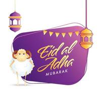 Eid al-Adha Mubarak fuente con dibujos animados oveja y colgando linternas en púrpura y blanco antecedentes. vector