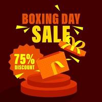 Boxing Day Sale Poster Design With 75 Discount Offer And Open Gift Box On Dark Red Background. vector